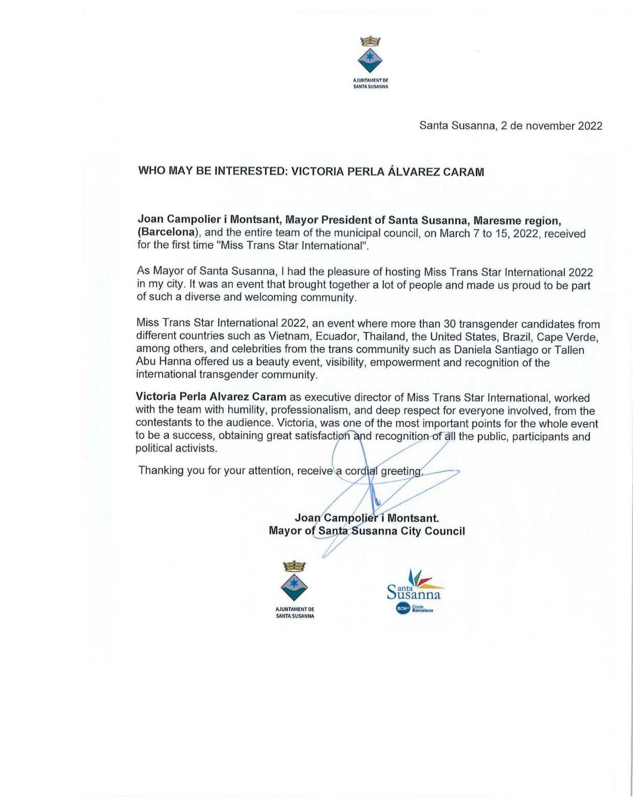 Mayor's Recommendation Letter